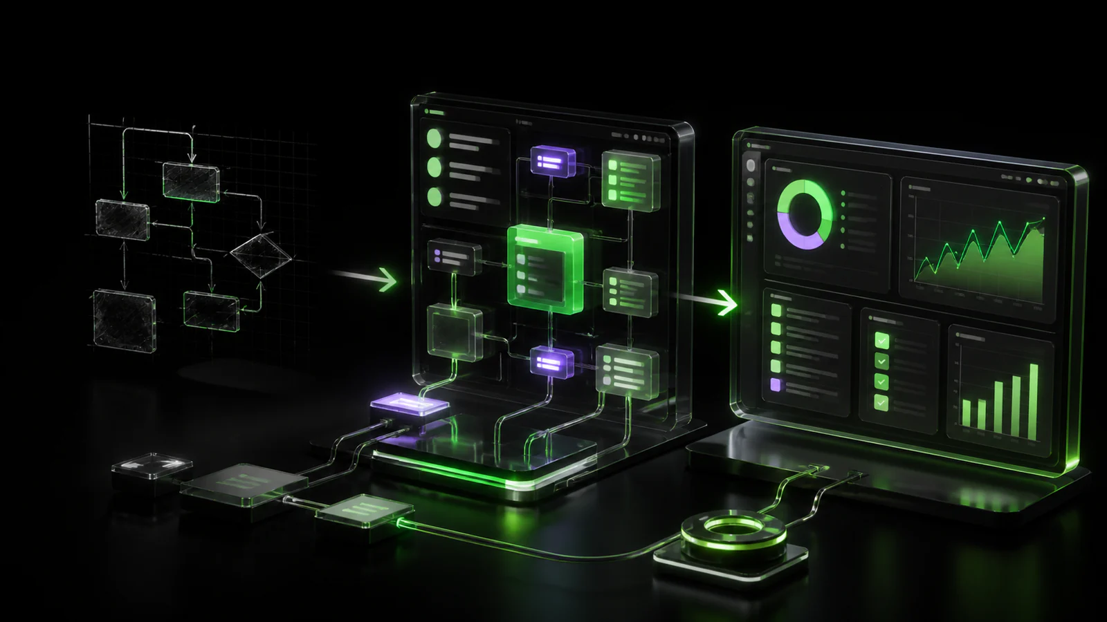 Guide complet : créer un logiciel sur mesure pour son entreprise — illustration éditoriale ZAL-EKO en noir, vert dominant, blanc et mauve
